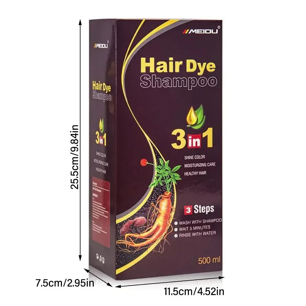 Showlu 3-in-1 herbal hair dye shampoo in natural black and brown, 500ml bottle, with herbal ingredients for hair coloring and care.