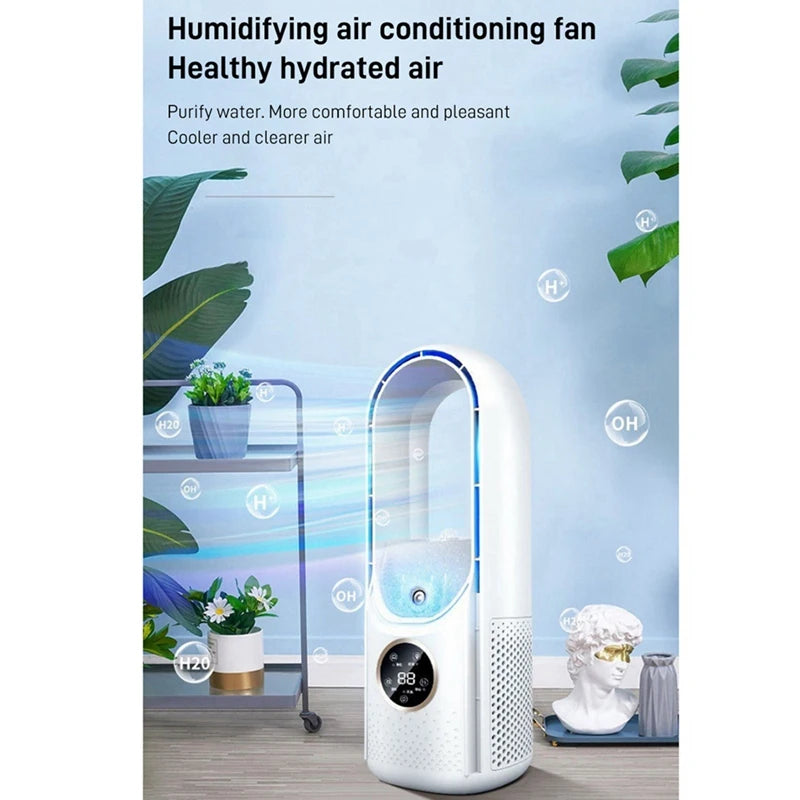 Showlu Smart General Donirt USB bladeless air cooler fan on a desk, compact and modern cooling device with sleek design.