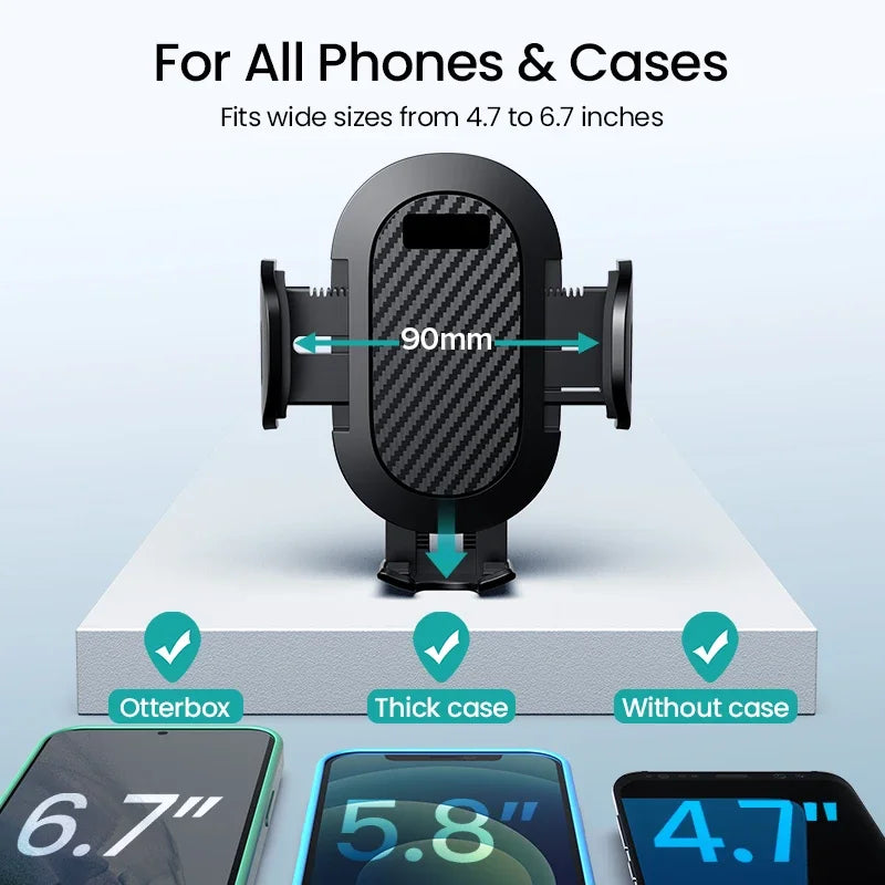 Universal car phone holder with suction cup mount for windshield, compatible with smartphones, by AUFU Gravity Sucker.