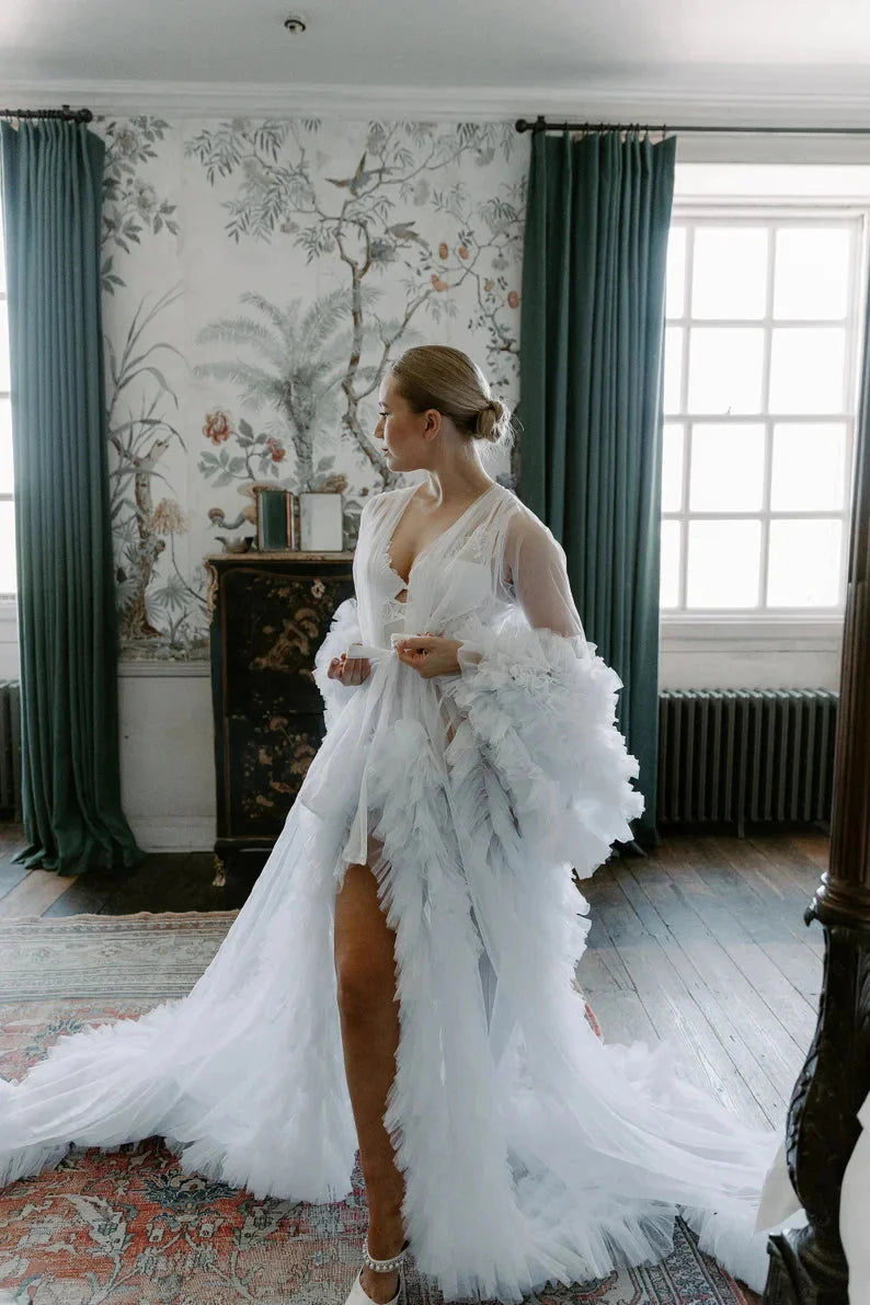 Faiokaver Boho Tulle Maternity Bridal Gown with ruffle dressing robe, showcasing flowy tulle fabric and boho-inspired design.