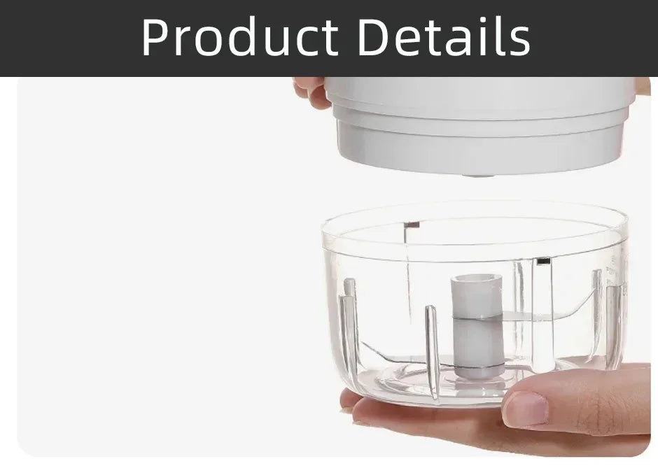 Showlu Smart General mini electric garlic grinder with stainless steel blades and compact design on a kitchen countertop.
