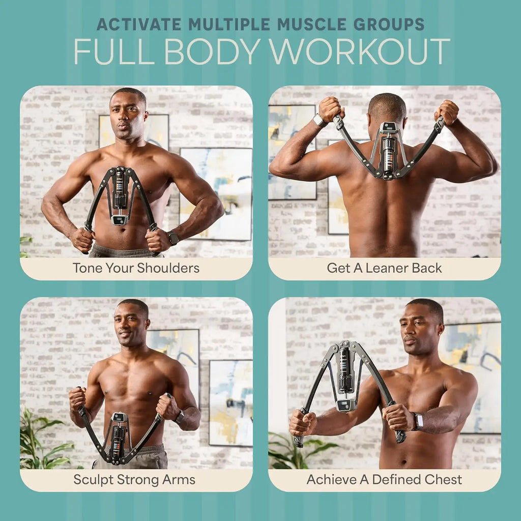 Showlu Hydraulic Chest Expander arm trainer with adjustable resistance, featuring multiple handles for full upper body workout.