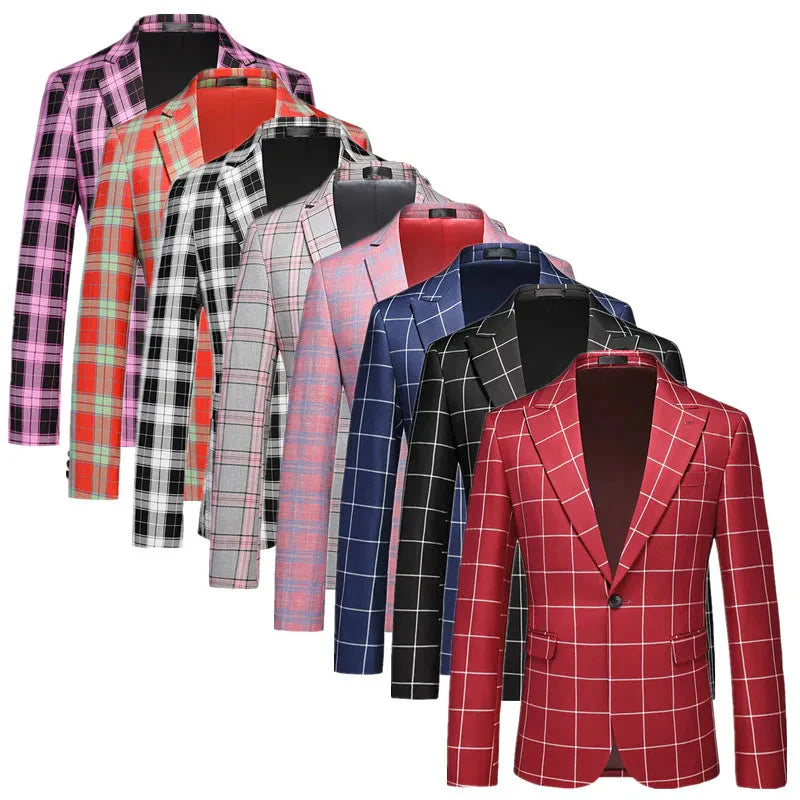 Showlu Fashion Store men's plaid slim fit business suit jacket with single breasted design and tailored blazer style.