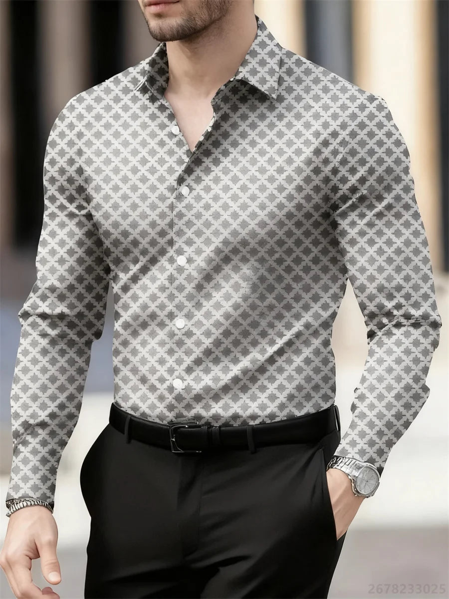 Men's long sleeve geometric plaid pattern shirt in 14 colors, breathable casual and business top with lapel from Showlu Fashion Store