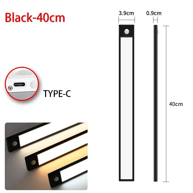 My Store Pzsunly LED motion sensor cabinet light, 50cm USB rechargeable, shown illuminating a kitchen cabinet interior.