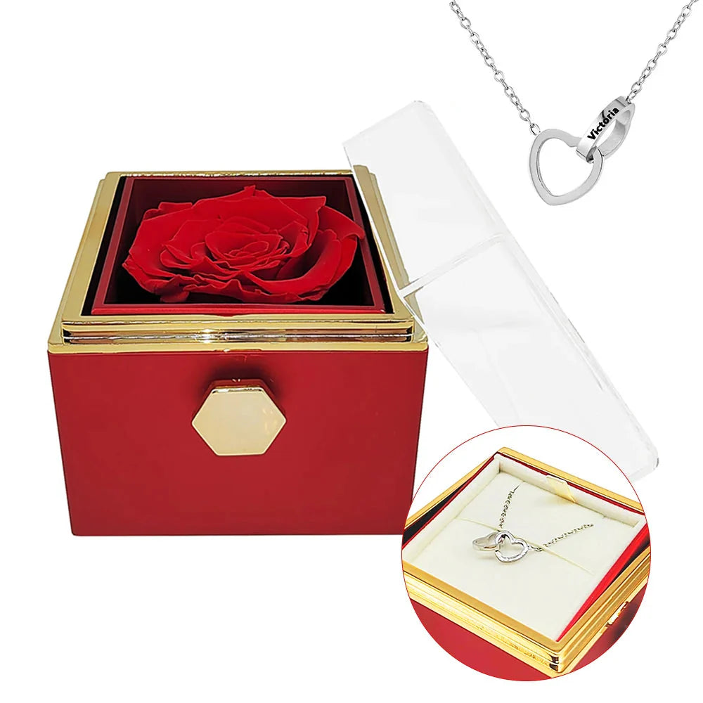 Engraved interlocking heart necklace and eternal rose in a decorative box from Showlu Fashion Store, romantic jewelry display