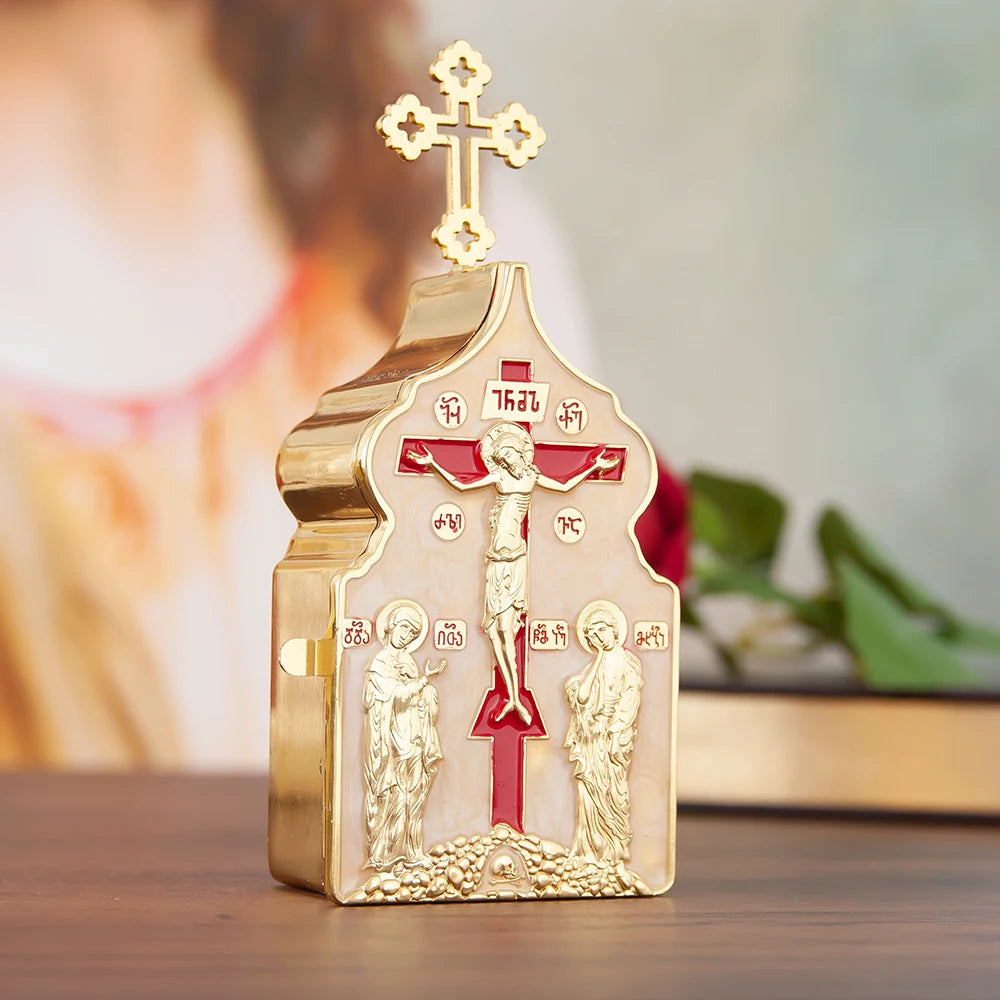 Showlu Metal Jesus Crucifix set with Bible box, rosary, and candle decor on a wooden surface, detailed religious symbols and craftsmanship.