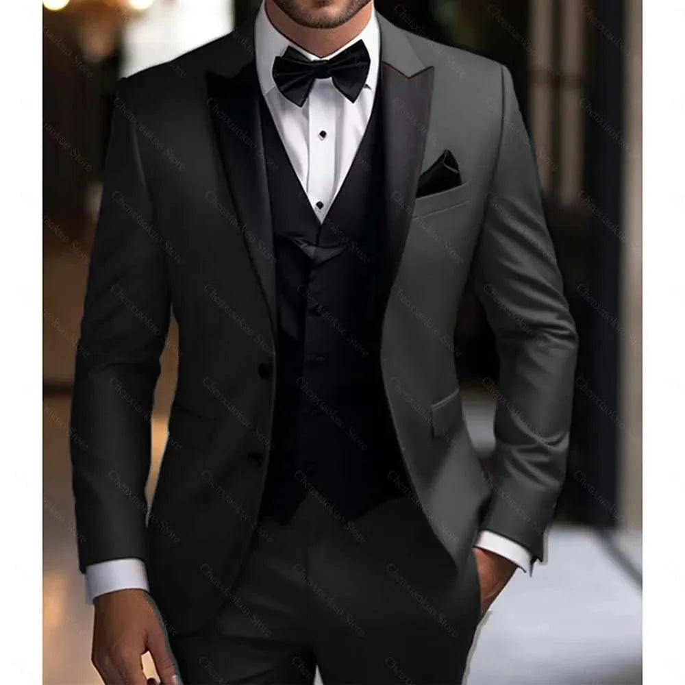 Men's black 3-piece slim fit tuxedo with peak lapels, ideal for weddings, from SHOWLU FASHION STORE's LAIDITYACN collection.