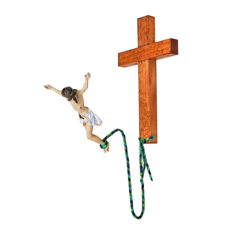 Handmade wooden resin sculpture of Jesus bungee jumping, decorative religious wall art with intricate details.