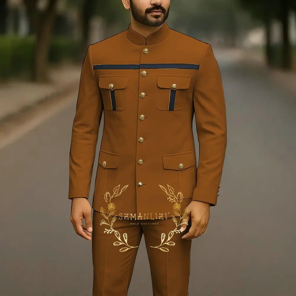 White single-breasted men's suit jacket and pants set with stand collar, elegant wedding and business attire by Showlu Fashion.
