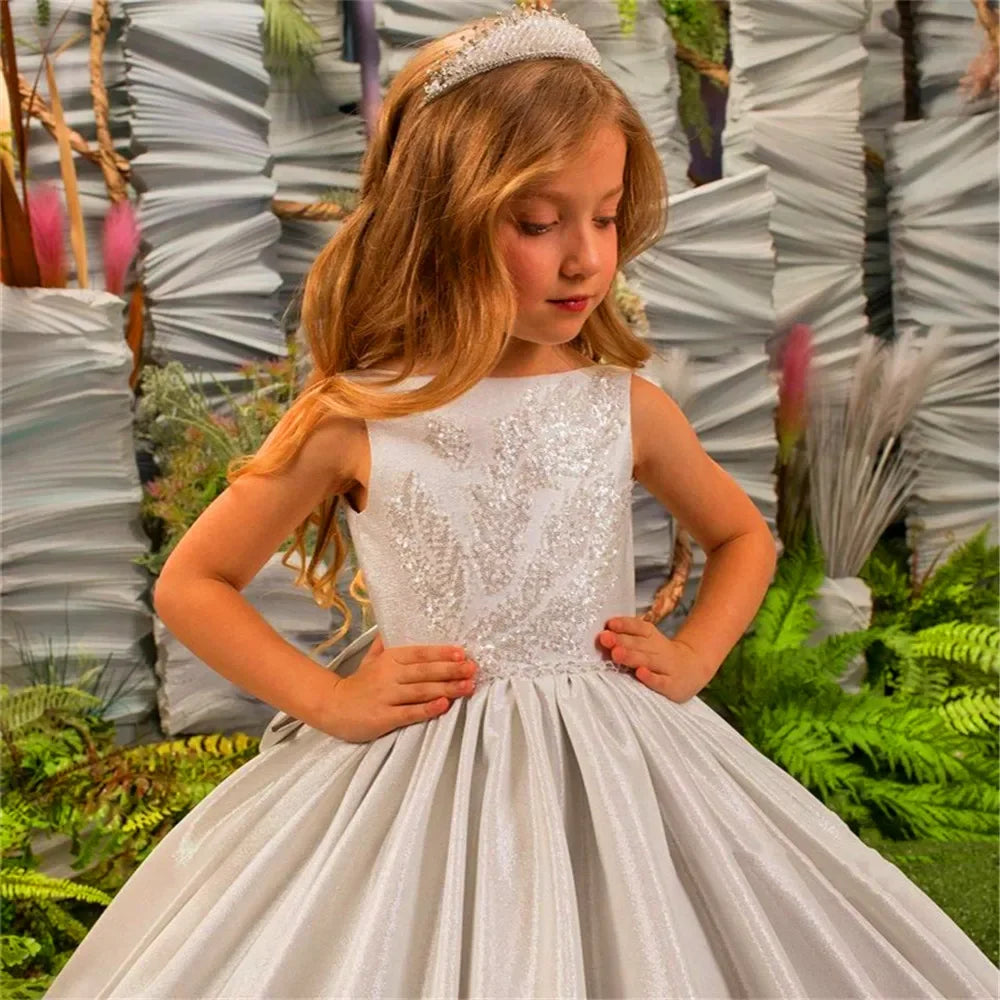 Elegant Red Flower Girl Dress Quality Satin Fluffy Pearl Princess Ball Beauty Little Girls Birthday Party Evening Ball Gowns