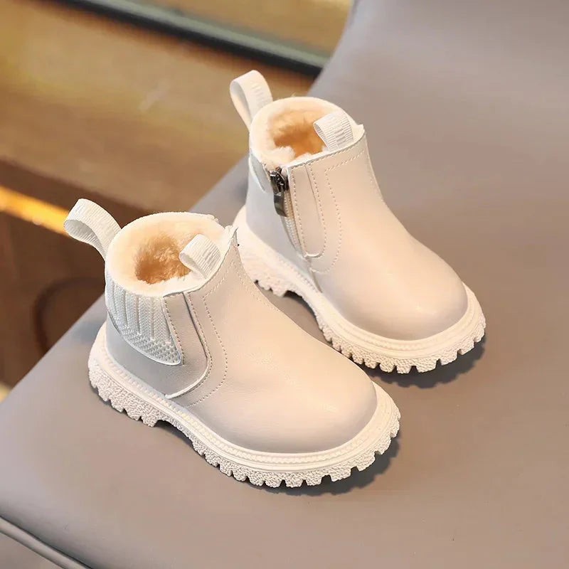 Kids winter snow boots by Sonkpuel, warm PU leather ankle shoes for boys and girls, suitable for cold weather.