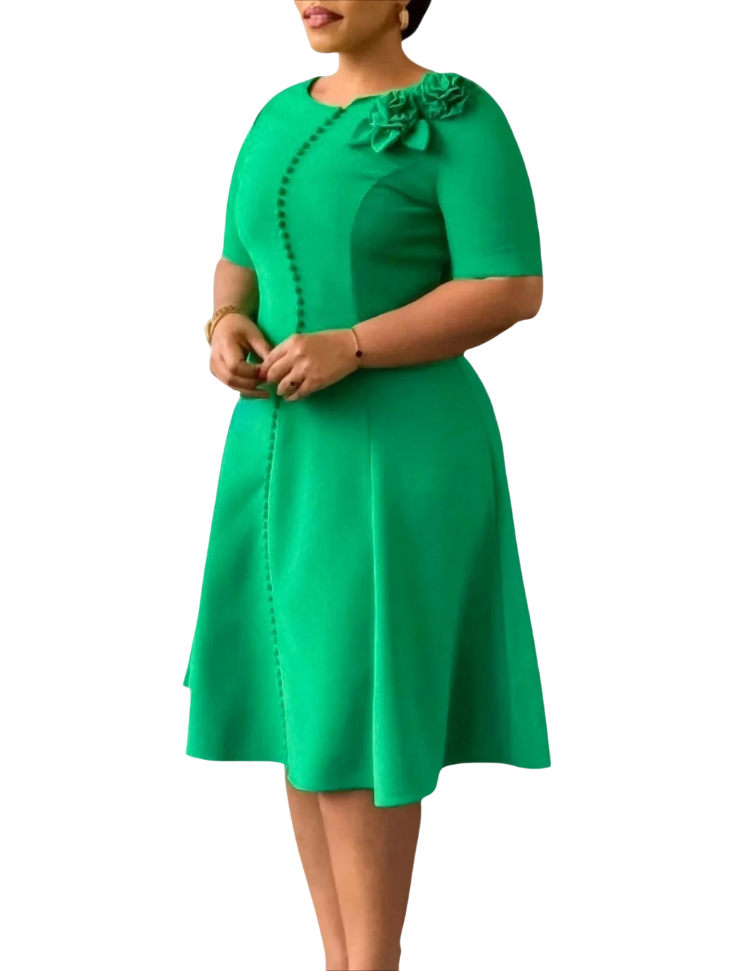 Aimee Women's A-Line Party Dress with 3D floral accents, O-neck, slim fit, suitable for office or parties, shown in black