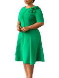 Aimee Women's A-Line Party Dress with 3D floral accents, O-neck, slim fit, suitable for office or parties, shown in black