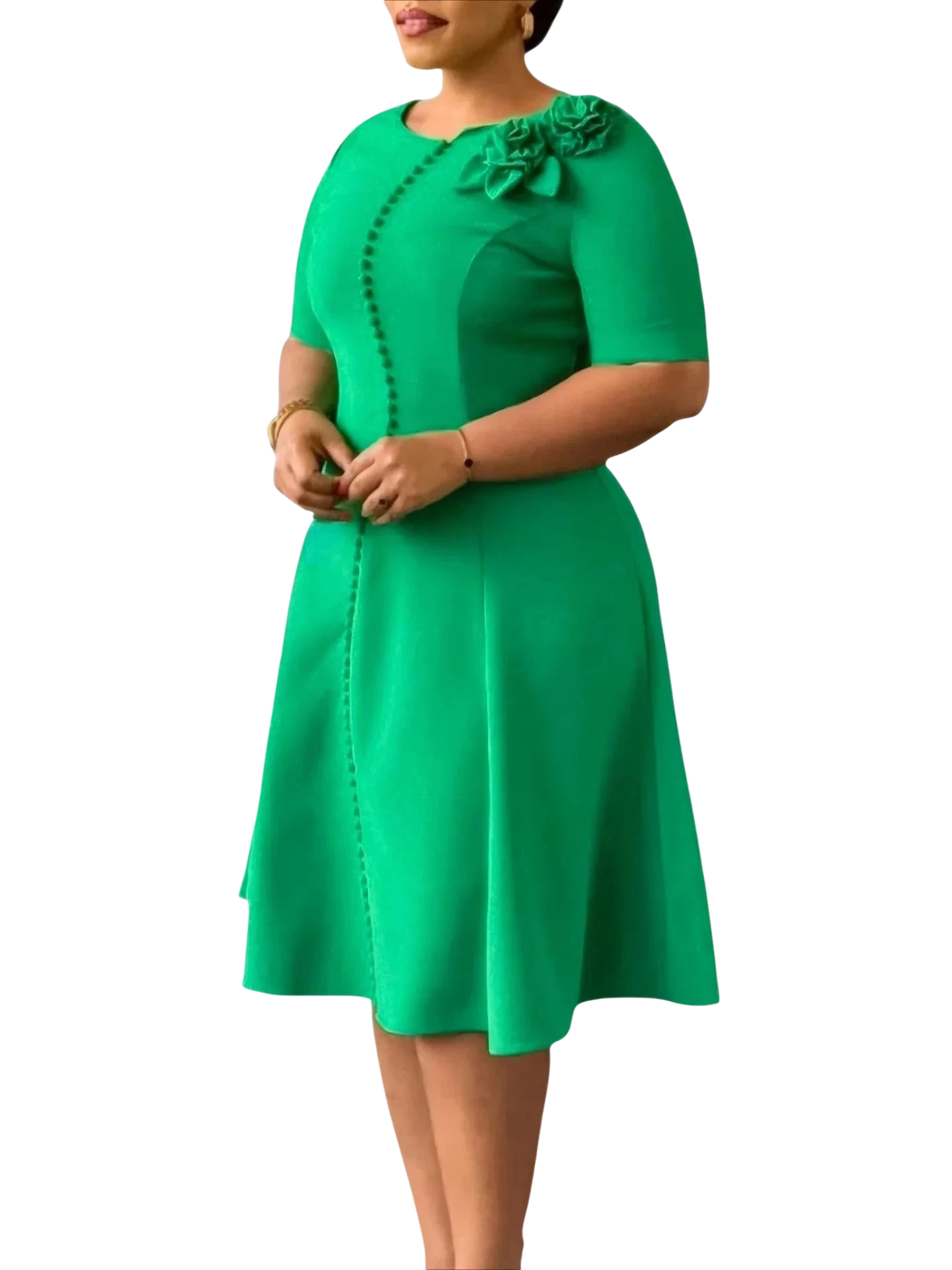 Aimee Women's A-Line Party Dress with 3D floral accents, O-neck, slim fit, suitable for office or parties, shown in black