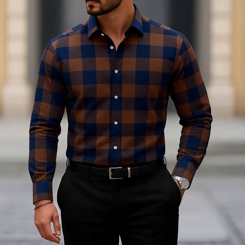 Men's long sleeve shirt by Showlu with a geometric pattern, casual business style, featuring a lapel collar and tailored fit.
