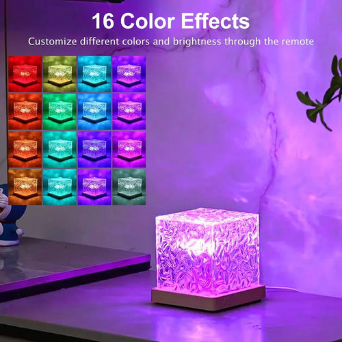 7Flowers RGB Aurora Projector showcasing 16-color crystal water wave night light illuminating a dark room with colorful ocean-like patterns.