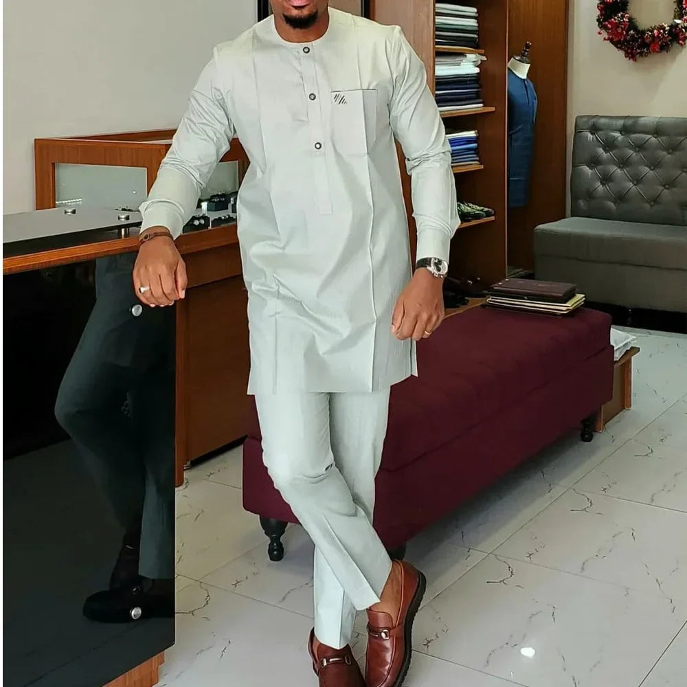 SHOWLU Men's African Kaftan tracksuit in embroidered 2-piece set, featuring traditional design and comfortable fit.
