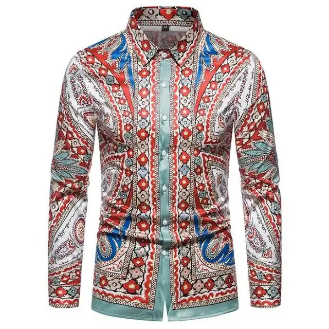 Showlu men's retro plaid long sleeve shirt with casual floral pattern, stylish dress top for everyday wear.
