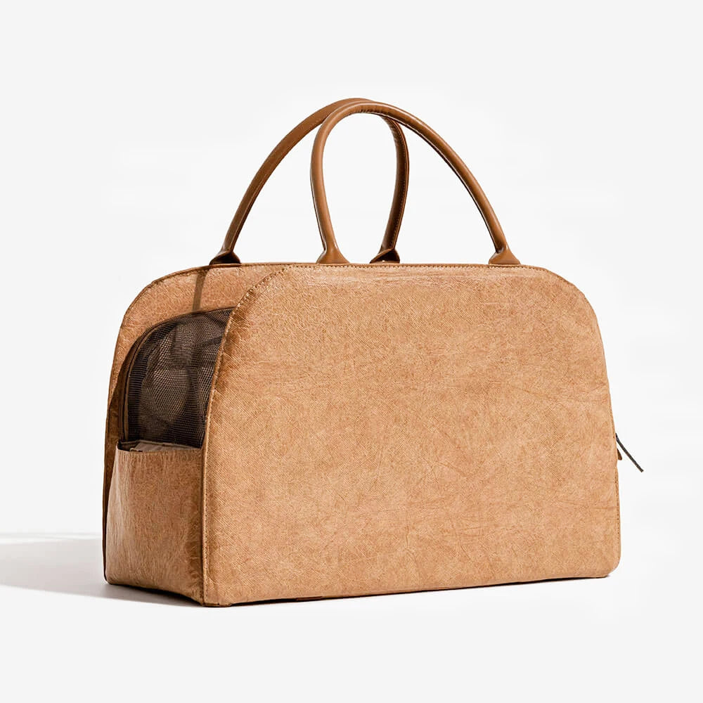 Showlu Fashion Store YKOSM leather pet carrier bag with windproof design, warm interior, and included travel mat for comfortable pet travel.