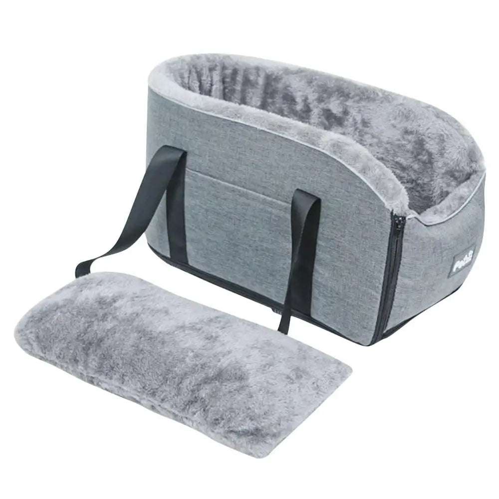 Small Showlu Nonslip Pet Car Seat for dogs and cats, featuring a comfortable armrest travel kennel with secure straps.