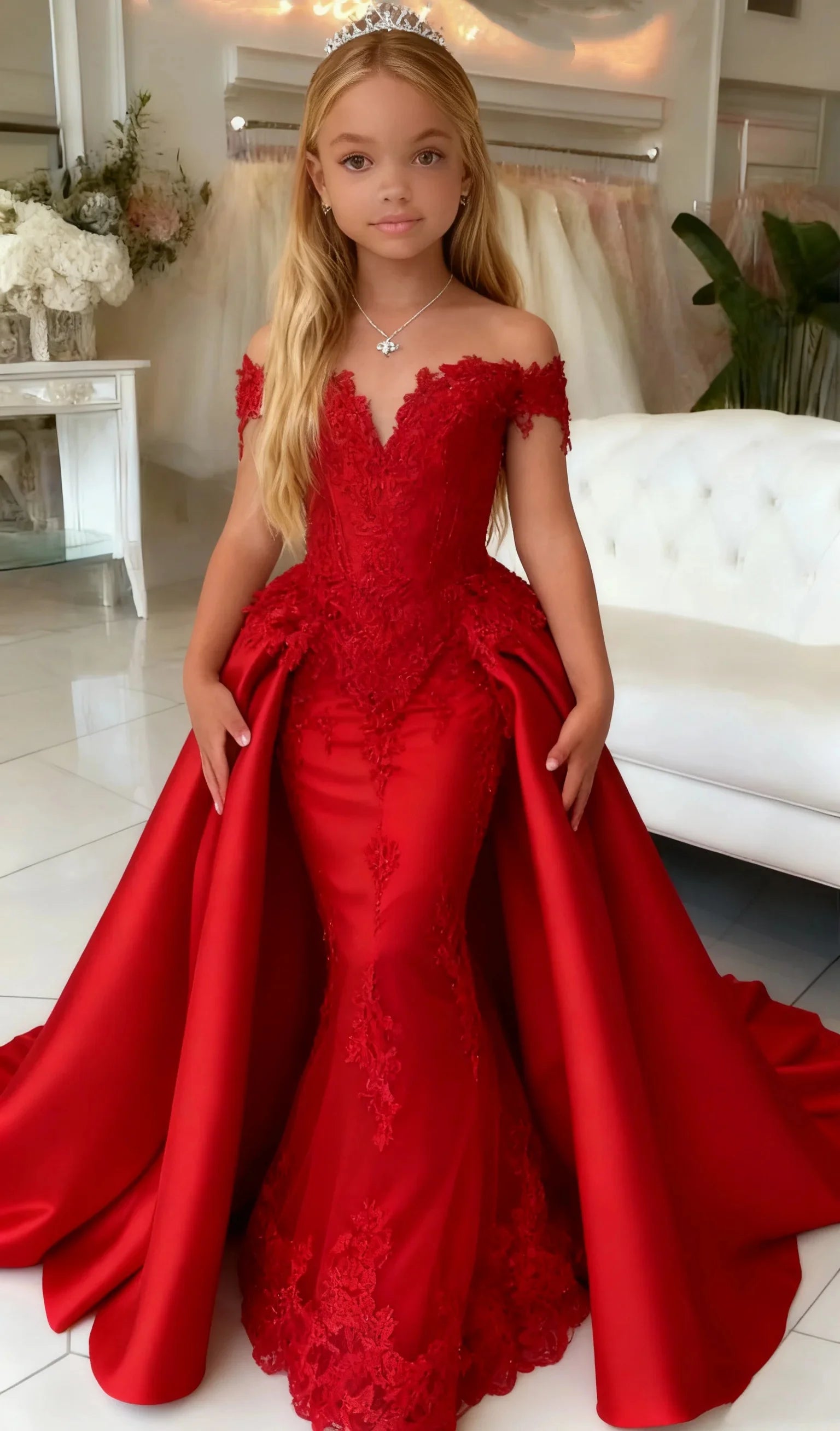 Customized flower girl dress for wedding by Showlu Fashion, off-shoulder mermaid style, floor-length for kids' birthday and communion.