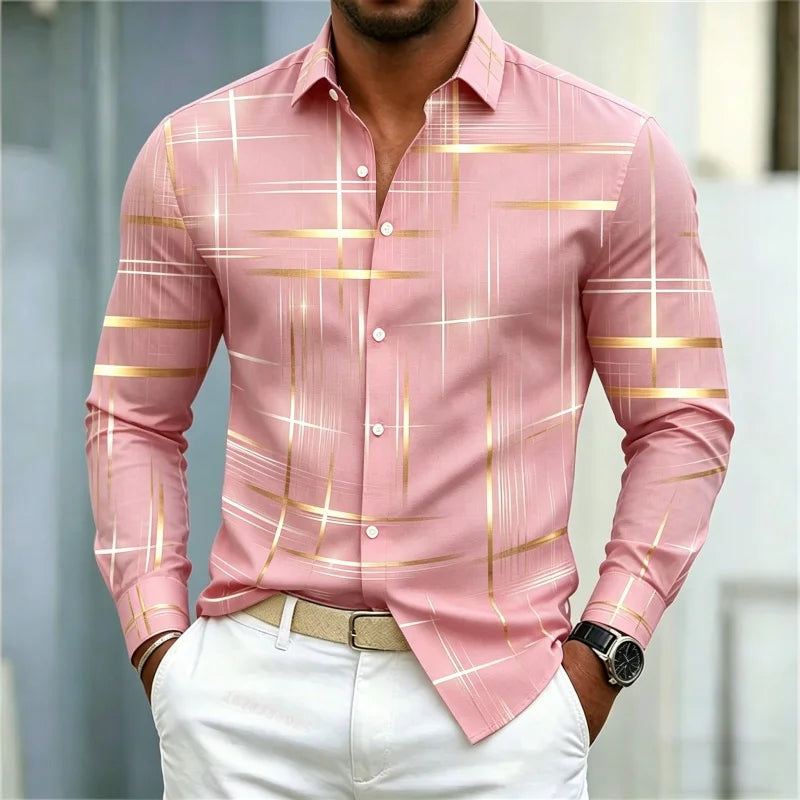 2026 men's shirt with fashionable printed lines, checkered long sleeved shirt, lapel, slim fit, business casual men's shirt