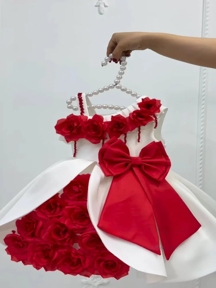 Custom 3D Flower Bow Flower Girl Dress For Wedding Formal Pageant Gown Elegant Princess Dress For Kids Birthday Party Ceremony