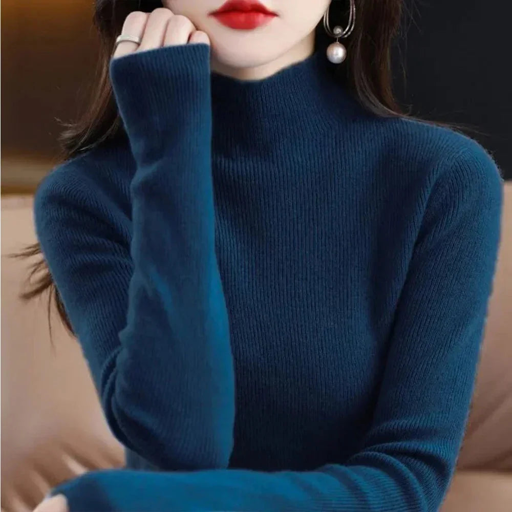 Women's pleated pullover sweater with half high collar and slim fit from SHOWLU FASHION STORE, featuring a stylish, high-neck design.