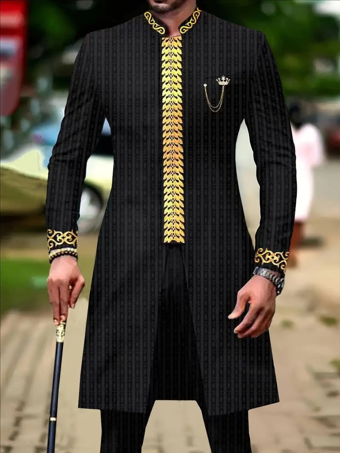 Men's luxury gold print dress two-piece set by Showlu Fashion Store, featuring elegant design and stylish details.