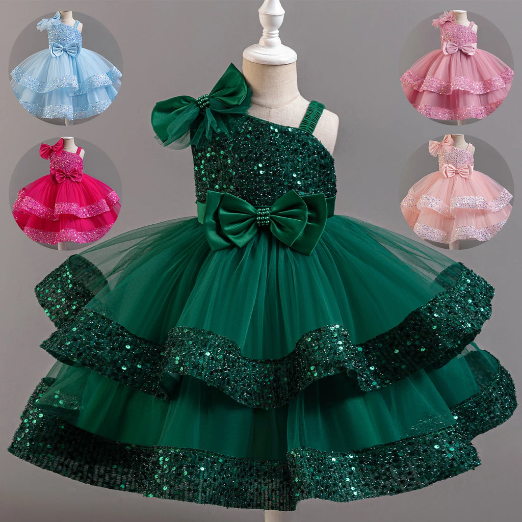 Sequin flower girl dress for girls by Showlu Fashion, sleeveless ball gown with floral details, perfect for parties and special occasions.