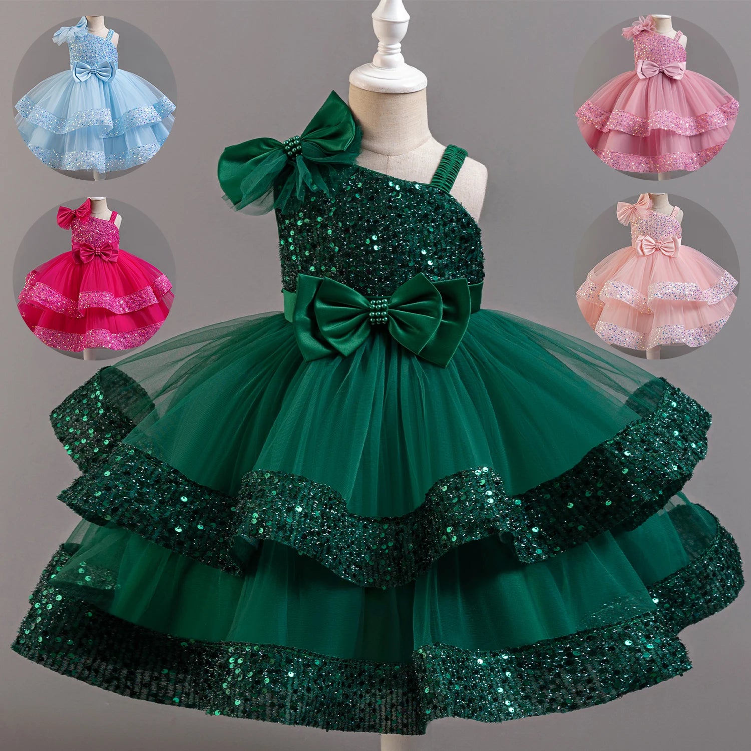 Sequin flower girl dress for girls by Showlu Fashion, sleeveless ball gown with floral details, perfect for parties and special occasions.