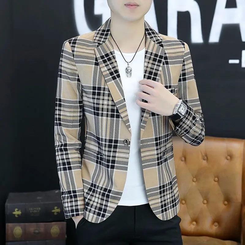Men's slim fit striped plaid blazer by SHOWLU FASHION STORE, casual Korean style jacket with tailored fit and classic pattern.