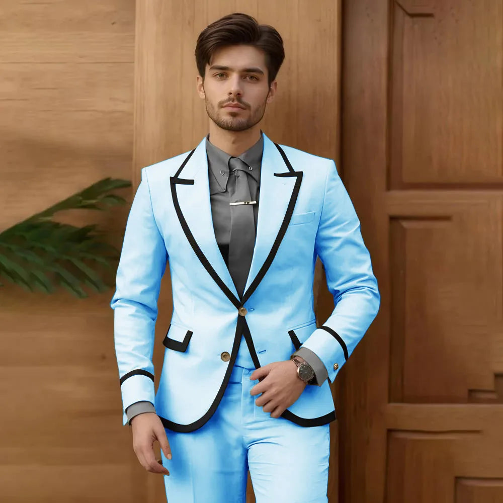 Beige men's slim fit 2-piece fashion suit with single-breasted jacket and matching pants, ideal for grooms, prom, or wedding events
