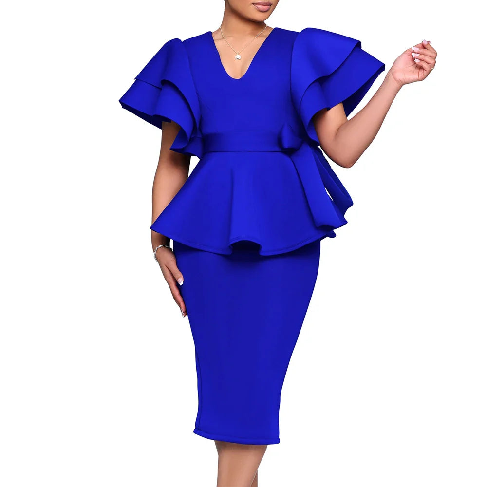 Women's V-neck ruffle sleeve peplum midi dress by SHOWLU FASHION STORE, featuring a fitted bodycon silhouette and elegant design.