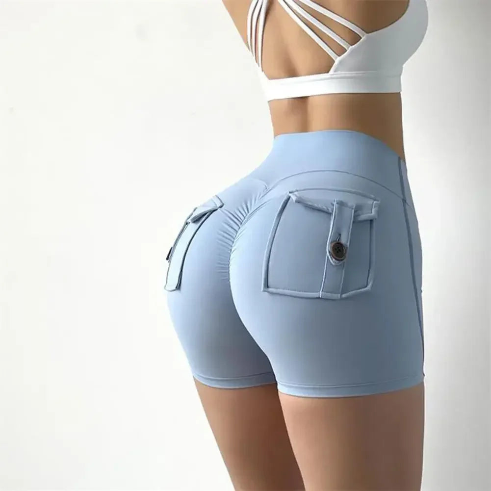 SHOWLU FASHION STORE SANWOOD women's high waist peach yoga shorts with pockets, featuring a flattering fit and comfortable design.
