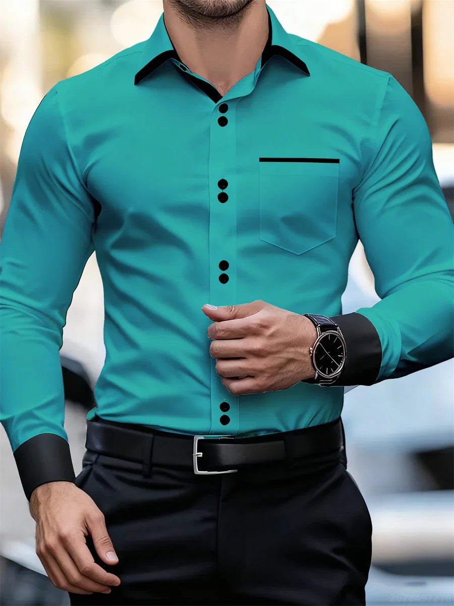 Men's black and white color block collar long sleeve slim fit shirt, wrinkle-free patchwork design, men's business fashion top