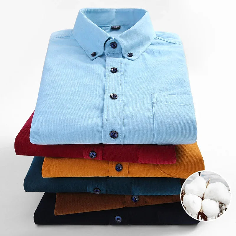 Men's long sleeve cotton corduroy shirt in solid color, regular fit, with pockets, suitable for autumn and winter, in sizes S to 6XL.