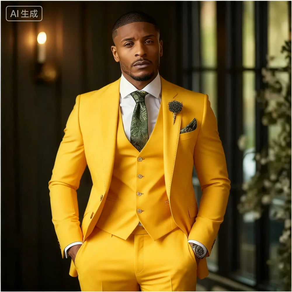 Showlu men's emerald green 3-piece slim fit formal tuxedo suit, featuring jacket, vest, and trousers, on a mannequin.