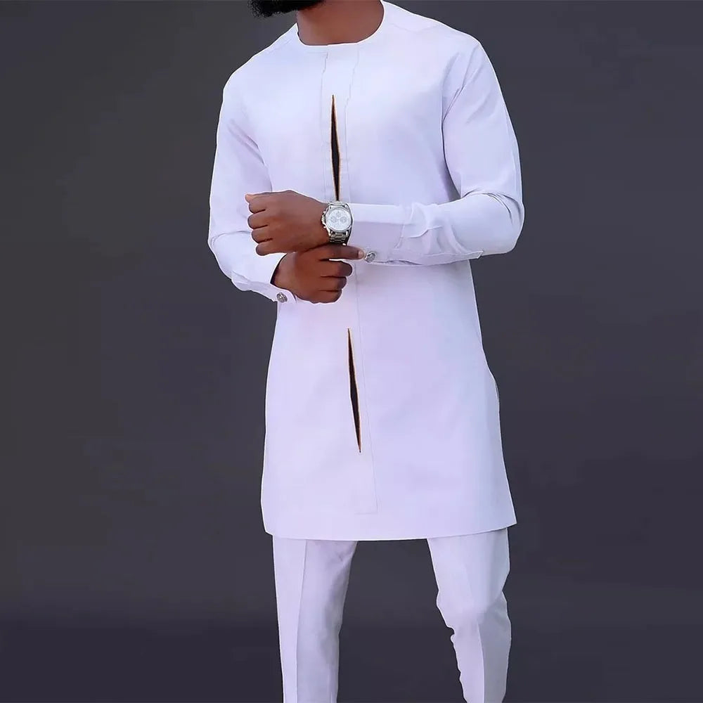 White men's Kaunda suit by Showlu Fashion Store, traditional African 2-piece cotton set with detailed embroidery and comfortable fit.