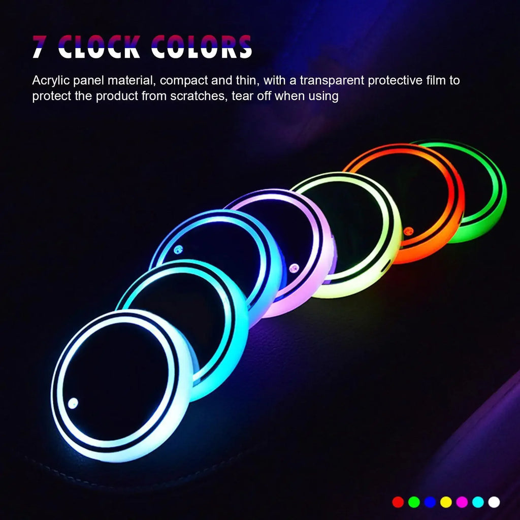 Showlu Smart General LED Cup Holder Light pad with USB 5V ambient lighting inside a vehicle cup holder.