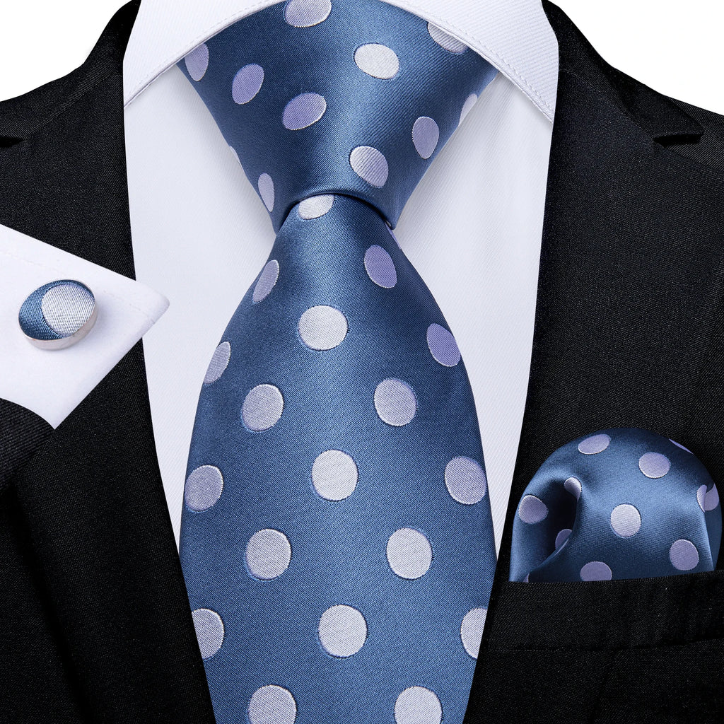 New Classic 100% Silk Men's Ties 8cm Blue Plaid Dot Striped Business Necktie Handkerchief Wedding Party Tie Set Gravatas DiBanGu