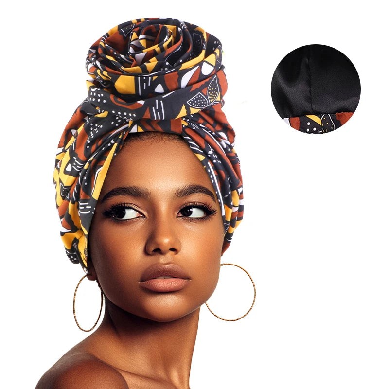 African satin-lined turban cap with a large floral print, stylish headwrap, Muslim bonnet, and ladies beanie by Showlu Fashion.
