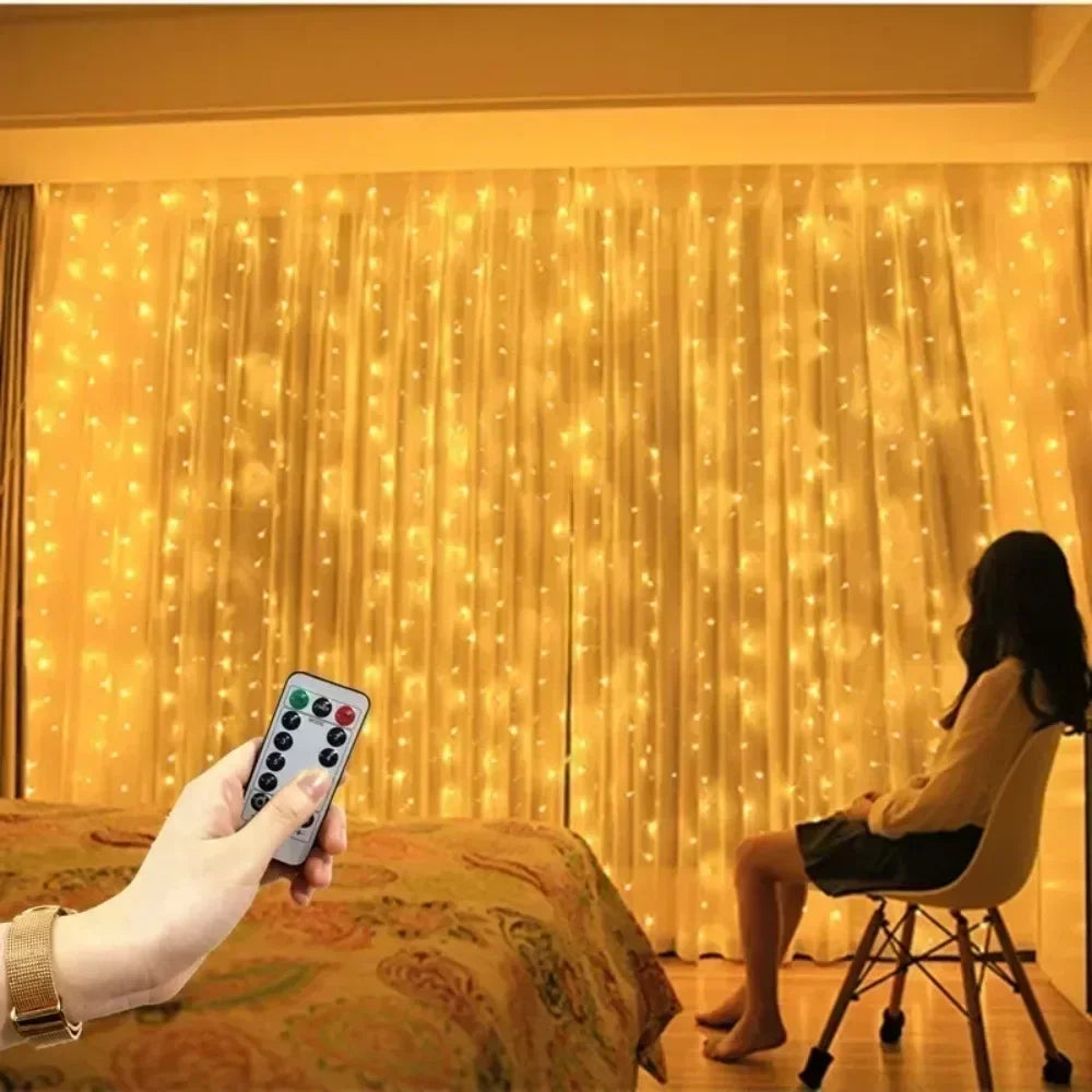 Showlu Smart General LED curtain fairy lights hanging with warm white glow, ideal for home decor and festive ambiance.