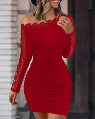 Autumn and Winter New Solid Lace Splice One line Neck Tight Wrap Hip Sexy Long Sleeve Dress for Women SHOWLU FASHION STORE