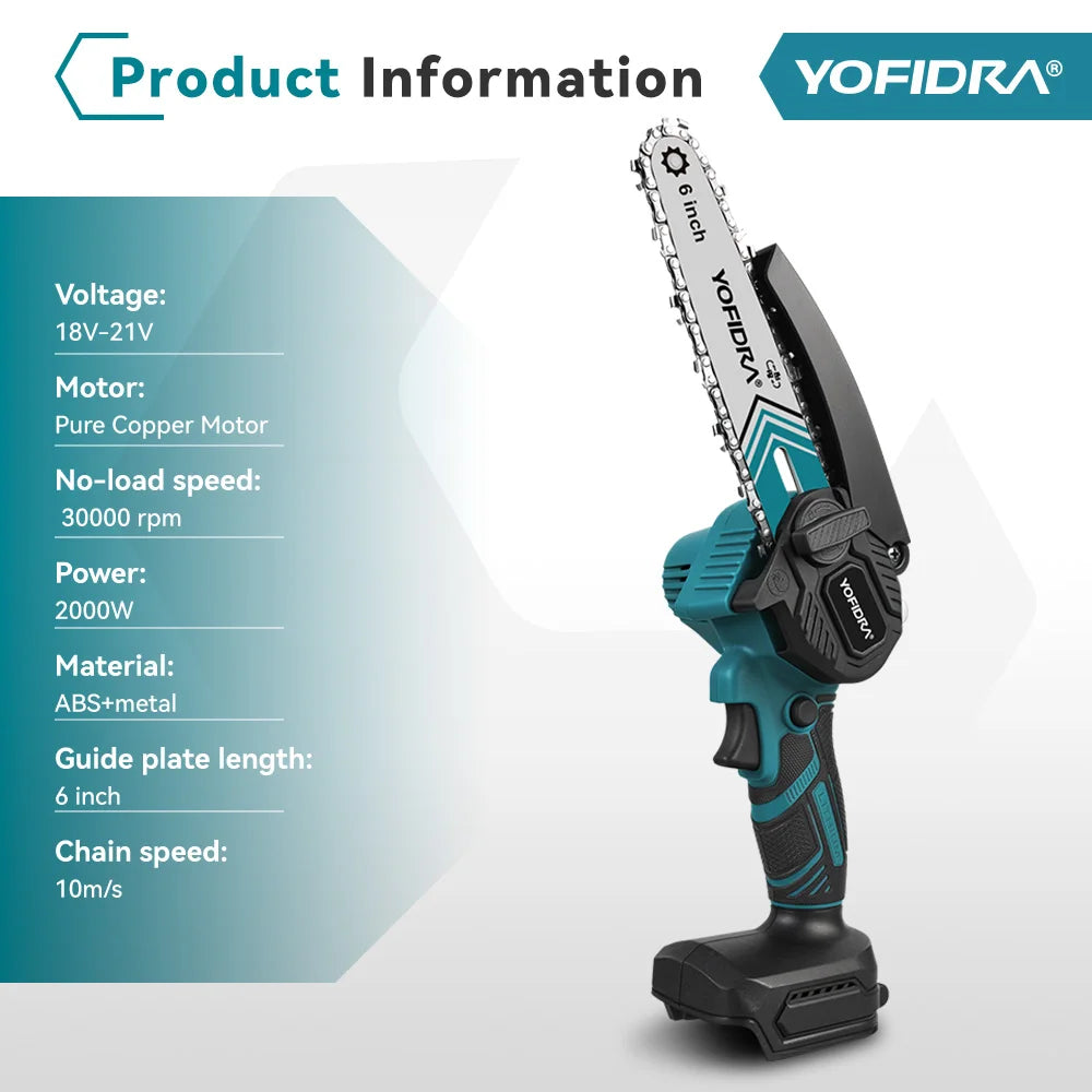 Showlu Smart General Yofidra 6-inch electric chainsaw with ergonomic handle and sharp chain for efficient cutting.