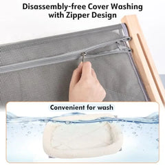 A hand unzips the mesh cover of a cat window perch, with an inset showing the cushion in water.