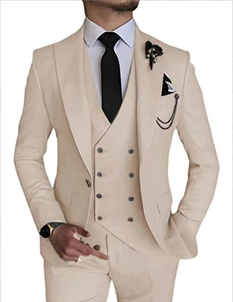 Beige men's formal suit with peak lapel blazer, double-breasted vest, and matching pants, ideal for weddings and elegant events.