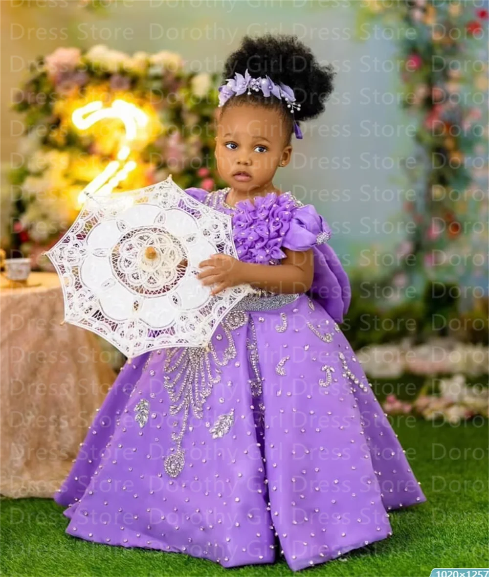 Luxury lavender beading flower girl dress from Showlu Fashion Store, featuring floral details and a elegant design for special occasions.