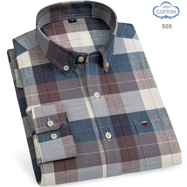 Showlu Fashion men's 100% pure cotton long sleeve plaid oxford shirt with red checked and striped design, available in 7XL size.